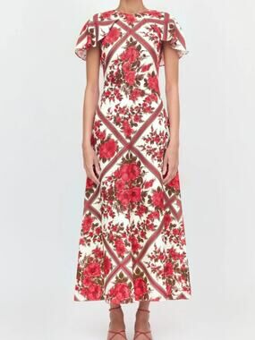 Hill House Home Davina Dress Diamond Rose Red Floral Cape Sleeve Maxi XS